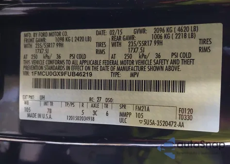 2015 Ford Escape Se z USA, uszkodzony, nr VIN 1FMCU0GX9FUB46219